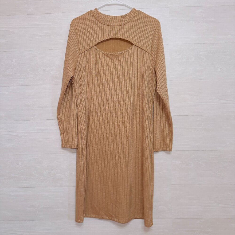 Love J Brown Long Sleeve Rib Knit Keyhole Cutout Midi Dress size 1X